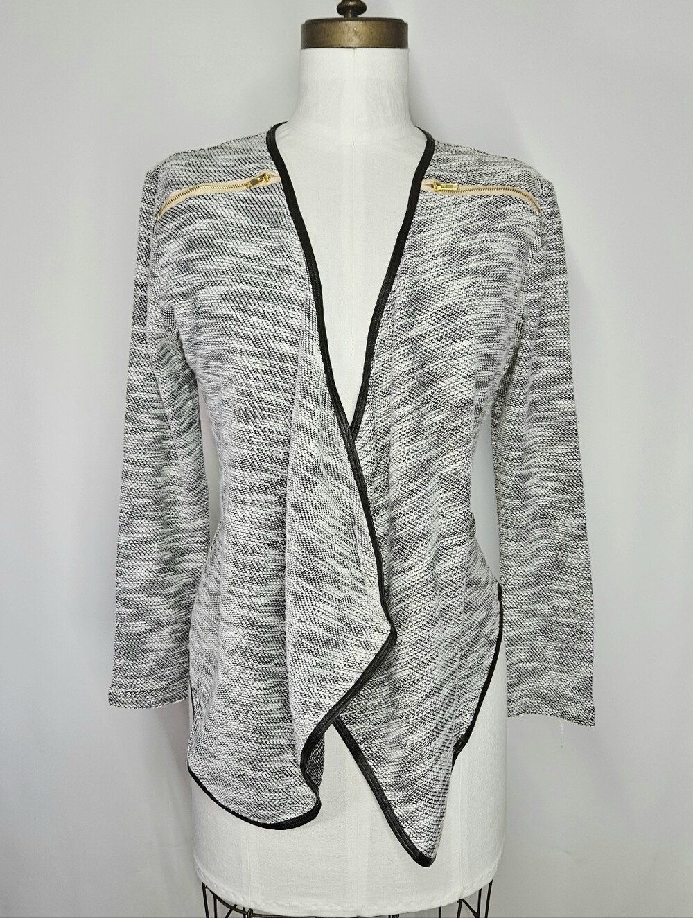 Fate Size M Cardigan Blazer Shrug Zipper Hem Black White Heather Tweed Leather